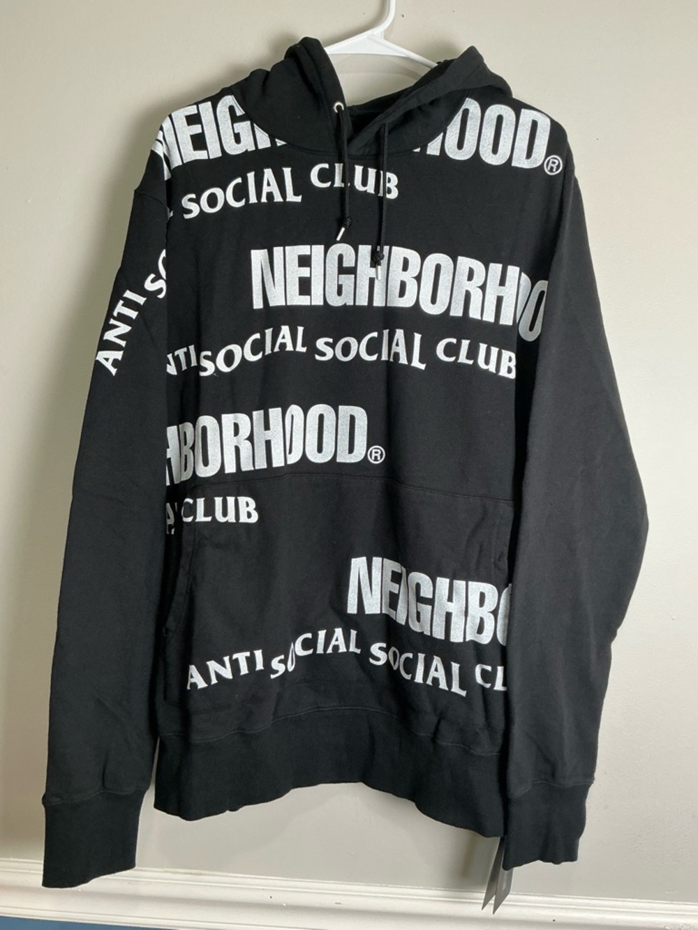 Neighborhood Black Hoodie with White All-Over Text